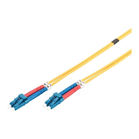 Zwei gelbe Lichtwellenleiter-Kabel mit blauen und roten Steckern. Markierungen A1, A2, B1 und B2.