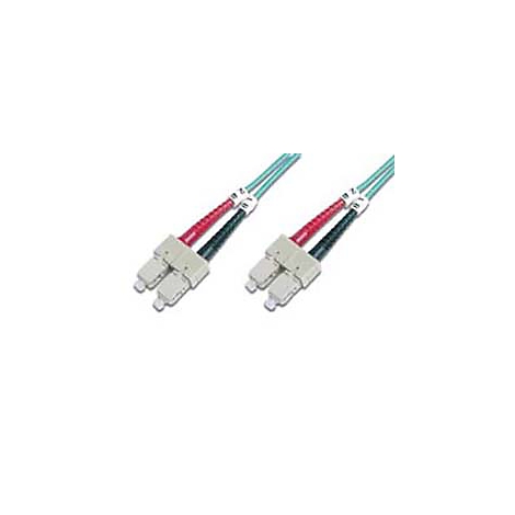 Zwei Lichtwellenleiter-Kabel mit grauen Steckern, roter und schwarzer Ummantelung.