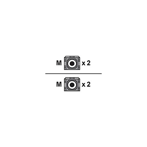 Zwei graue Würfel mit mittigem schwarzen Kreis, je mit "M x 2" beschriftet.