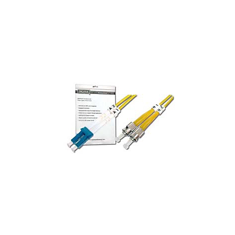 Zwei gelbe Glasfaserkabel mit Steckern, daneben eine Produktverpackung mit Text.
