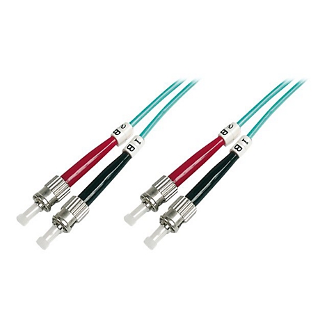 Zwei optische Glasfaser-Stecker mit farbigen Kabeln und Markierungen.