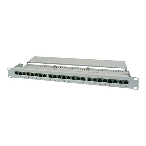 Graues Patchpanel mit 24 Anschlüssen, durchnummeriert von 1 bis 24, für Netzwerk- oder Telekommunikationszwecke.