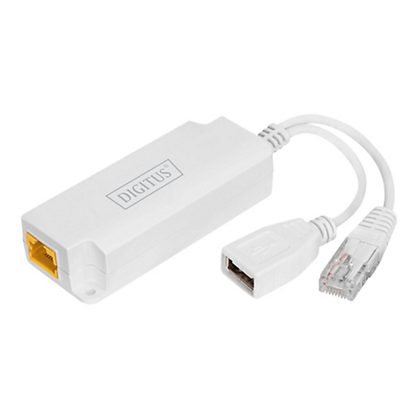 WeiÃŸes Digitus-GerÃ¤t mit gelber Ethernet-Buchse, USB-A und RJ45-Kabel.
