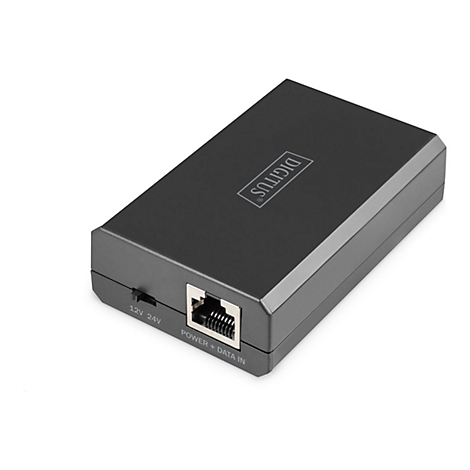Schwarzer Netzwerk-Adapter von Digitus, mit Ethernet-Anschluss und Beschriftung "POWER + DATA IN".
