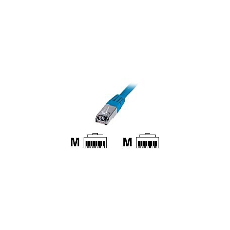 Blaues Ethernetkabel mit Metallstecker und zwei schematischen Darstellungen von Steckern, bezeichnet mit 'M'.