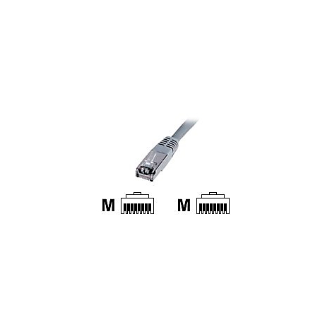 Graues Netzwerkkabel mit RJ45-Stecker, darunter zwei schematische Darstellungen eines Steckers mit dem Buchstaben 'M'.