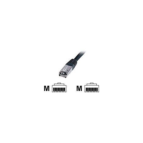 Schwarzes Netzwerkkabel mit RJ45-Steckern. Die Stecker sind an den Enden des Kabels abgebildet.