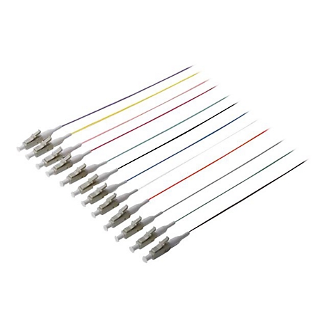 Mehrfarbige Glasfaserkabel mit grauen Steckern, diagonal angeordnet.