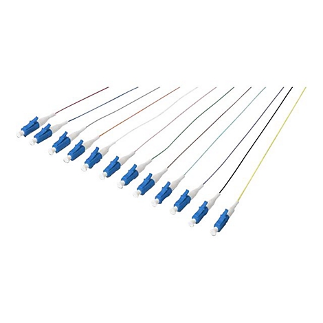 Mehrere Glasfaserkabel mit blauen Steckern auf weißem Hintergrund. Die Kabel sind in verschiedenen Farben.