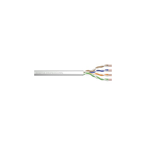 Graues Netzwerkkabel mit freiliegenden farbigen Adern. Digitus Professional Schriftzug.