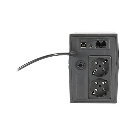 RÃ¼ckseite einer schwarzen USV-Anlage mit Steckdosen, AnschlÃ¼ssen und einem Kabel.