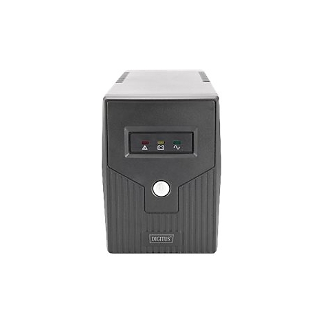 Ein schwarzes DIGITUS USV-GerÃ¤t vor weiÃŸem Hintergrund. Oben drei farbige LED-Anzeigen, darunter ein Knopf. Der Schriftzug DIGITUS ist unten.