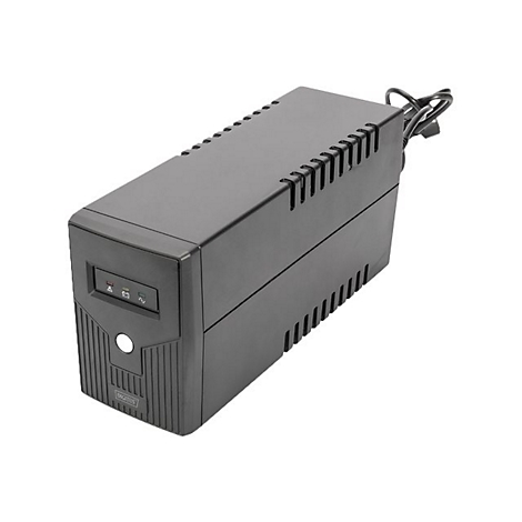 Ein schwarzes USV-GerÃ¤t mit LÃ¼ftungsschlitzen. Auf der Front befinden sich Anzeigen und ein Knopf. Stromkabel ist angeschlossen.