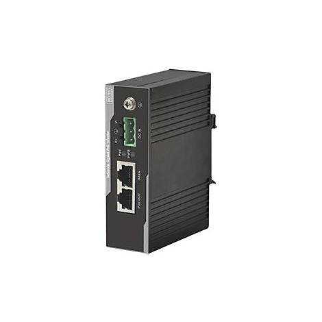 Schwarzer Industrial Gigabit PoE Injektor mit AnschlÃ¼ssen, LED-Anzeigen und LAN-Ports.