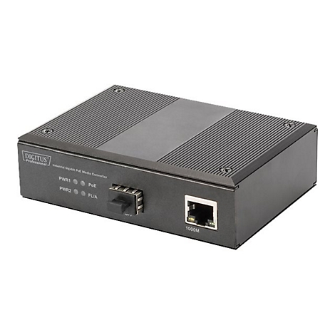 Ein schwarzer Industrial Gigabit PoE Media Converter von Digitus. Auf der Vorderseite sind Anschlüsse und Kontrollleuchten zu sehen.