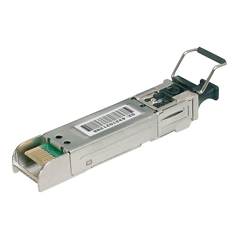 Ein silbernes SFP-Modul mit Barcode und Bügelgriff.