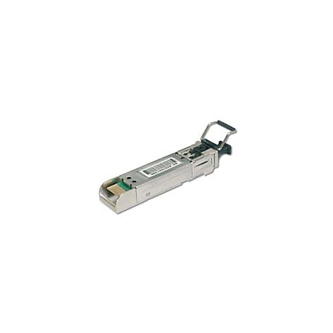 Ein silberfarbener SFP-Transceiver, leicht angewinkelt, mit Barcode-Etikett und Tragebügel.