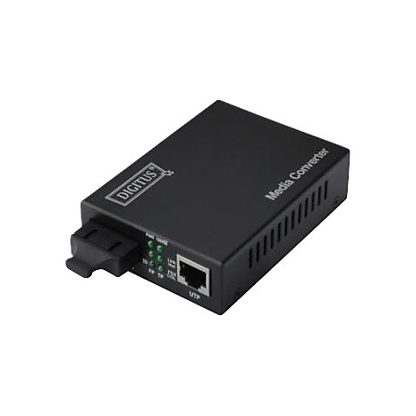 Schwarzer Media-Converter mit Digitus Logo, Anschlüssen und Anzeigen.