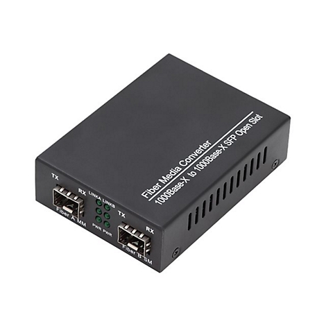 Schwarzer Fiber Media Converter mit Anschlüssen, Beschriftung und grünen LED-Leuchten.
