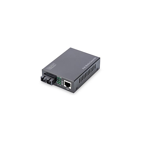 Schwarzer PoE-Medienkonverter mit 'DIGITUS' Logo, Anschlüssen und Anzeigen.