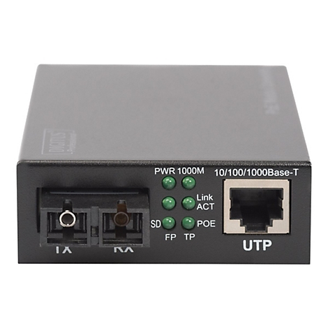 Schwarzer Netzwerk-Medienkonverter mit Beschriftungen, Anschlüssen und LED-Anzeigen. UTP-Anschluss, Beschriftung: PWR, Link, ACT, POE.
