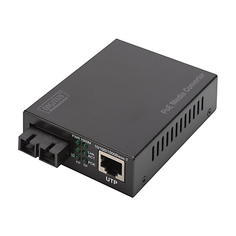 Ein schwarzer PoE Media Converter mit Beschriftungen wie "DIGITUS", "PWR 1000M" und "UTP".
