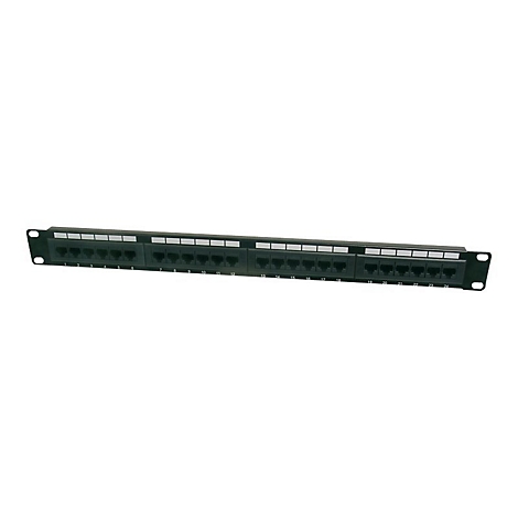 Schwarzes Patchpanel mit 24 RJ45-Anschlüssen, durchnummeriert, auf weißem Hintergrund.