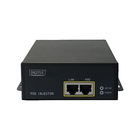 Schwarzer PoE-Injector von Digitus mit LAN- und PoE-AnschlÃ¼ssen. Gelber Rahmen um die AnschlÃ¼sse, daneben zwei Kontroll-Leuchten.