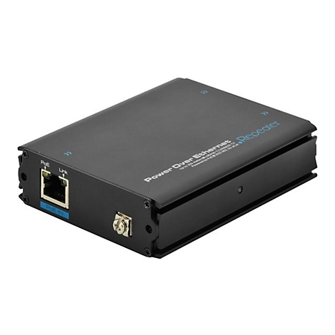 Schwarzer Power-over-Ethernet-Repeater mit Anschlüssen, Beschriftung und blauen Akzenten.