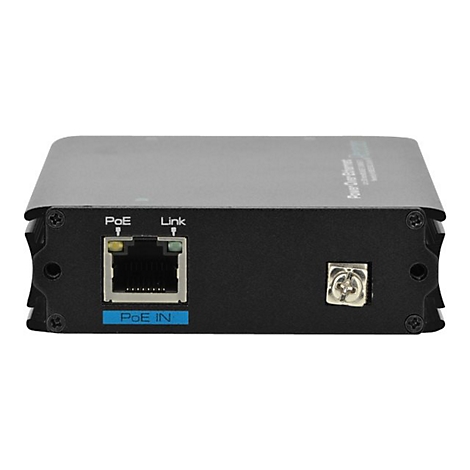 Ein schwarzer Power-over-Ethernet-Konverter. Auf der Vorderseite sind Anschlüsse mit den Bezeichnungen "PoE", "Link" und "PoE IN" zu sehen.