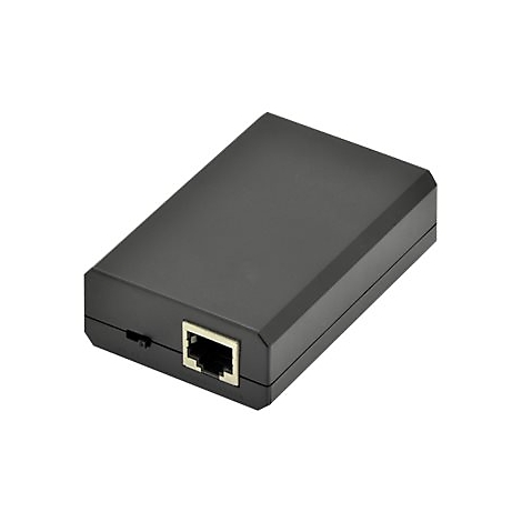 Schwarzer Netzwerkadapter mit einem RJ45-Anschluss, isoliert auf weißem Hintergrund.