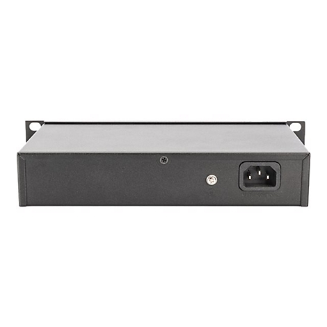 Schwarzes elektronisches GerÃ¤t mit Stromanschluss, Schrauben und BefestigungslÃ¶chern.