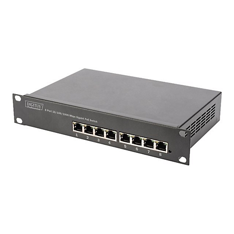 Schwarzer Netzwerk-Switch mit acht Ports, beschriftet mit Zahlen und dem Markennamen Digitus.