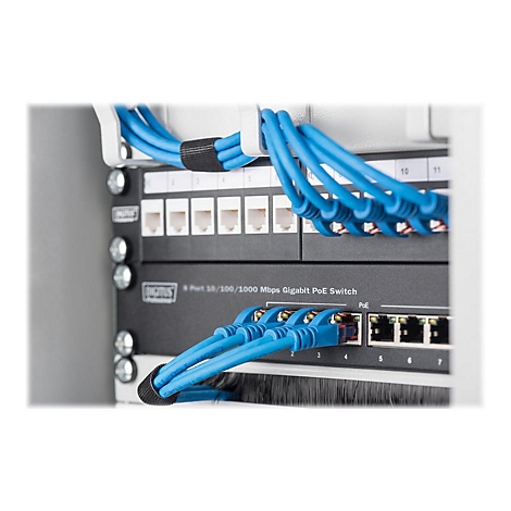 Blaue Netzwerkkabel sind mit einem Switch verbunden. Es handelt sich um eine Nahaufnahme einer Server-Rack-Einheit.