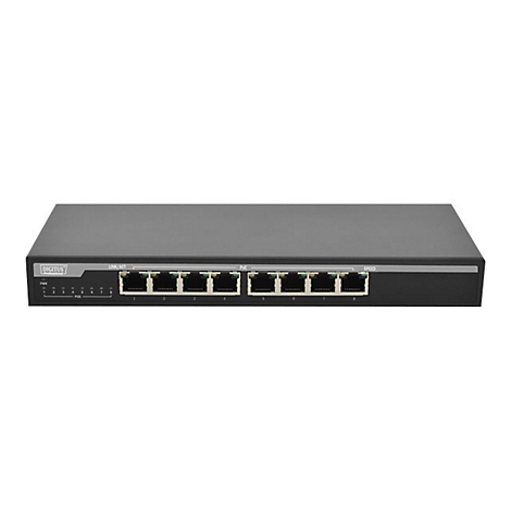 Schwarzer Switch mit acht Ports, vor weiÃŸem Hintergrund. Ports sind beschriftet, Logo links.