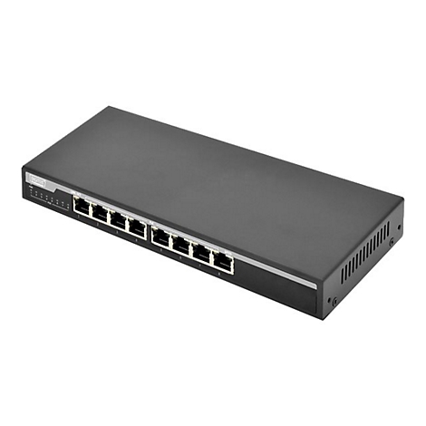 Ein schwarzer Netzwerk-Switch mit acht Ports, vor weiÃŸem Hintergrund.