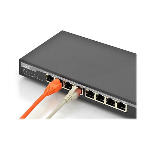 Schwarzer Netzwerk-Switch mit eingesteckten orangefarbenen und grauen Ethernet-Kabeln. Der Switch hat mehrere Ports.