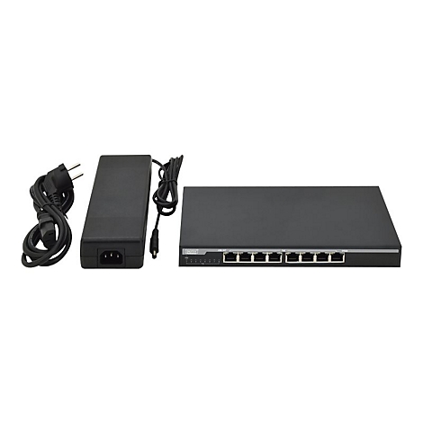 Ein schwarzer Router mit Netzteil und Kabeln, vor weiÃŸem Hintergrund.