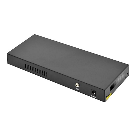 Schwarzer Netzwerk-Switch, rechteckig, mit LÃ¼ftungsschlitzen, AnschlÃ¼ssen und Power-Buchse.