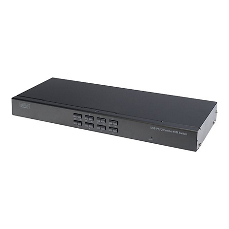 Schwarzgrauer KVM-Switch mit KnÃ¶pfen und Schriftzug.