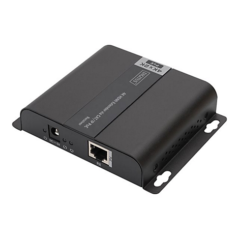 Schwarzer HDMI Extender mit Netzwerkanschluss und Logos.