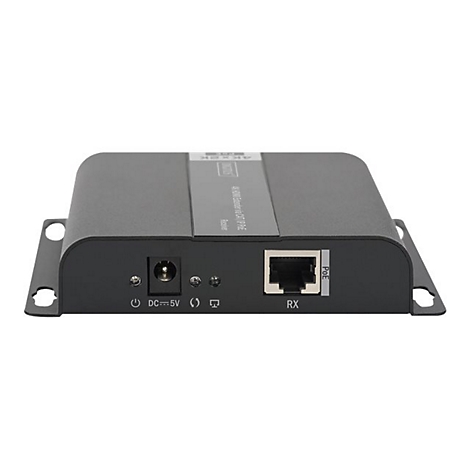 Schwarzer Netzwerk-Adapter, Oberseite mit Schriftzug, EingÃ¤nge: DC, RJ45; seitliche Halterung.