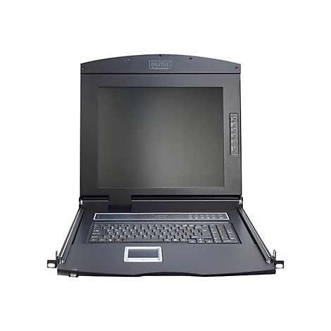 Schwarzer Konsolen-Monitor mit Tastatur. Oben mittig ist das Logo DIGITUS zu sehen. Auf weiÃŸem Hintergrund.