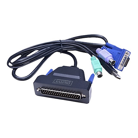 Schwarzer Adapter mit verschiedenen AnschlÃ¼ssen und Kabeln, darunter VGA und PS/2.