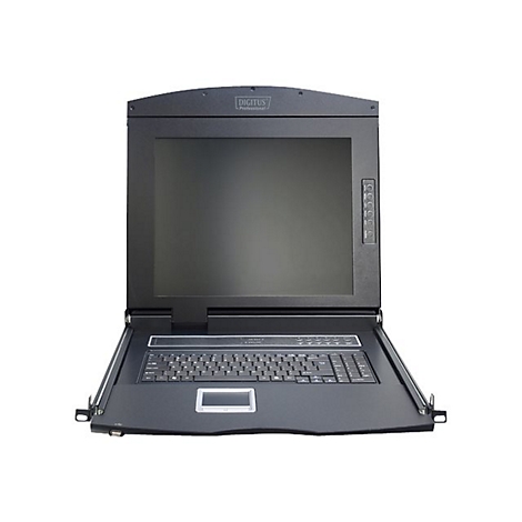Schwarzes DIGITUS Professional Rackmount-Gerät mit Monitor, Tastatur und Touchpad, vor weißem Hintergrund.