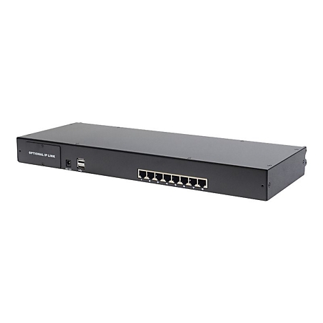 Schwarzer Netzwerk-Switch. Oben befinden sich Anschlüsse und USB-Anschlüsse. Aufschrift: Optional IP Link.