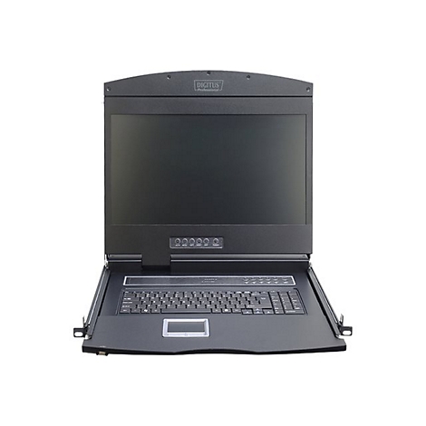 Schwarzer KVM-Switch mit Tastatur und Bildschirm vor weißem Hintergrund.