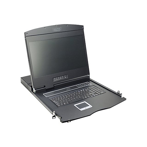 Schwarzer Konsolen-Monitor mit Tastatur und Touchpad. Auf dem Monitor steht "DIGITUS Professional".