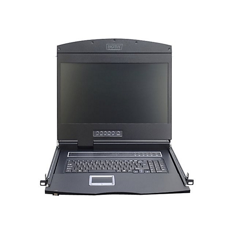 Schwarz KVM-Konsole mit Monitor, Tastatur und Touchpad. Oben steht DIGITUS.