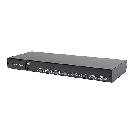Schwarzes elektronisches GerÃ¤t mit vielen VGA-AnschlÃ¼ssen und der Aufschrift OPTIONAL IP LINK.